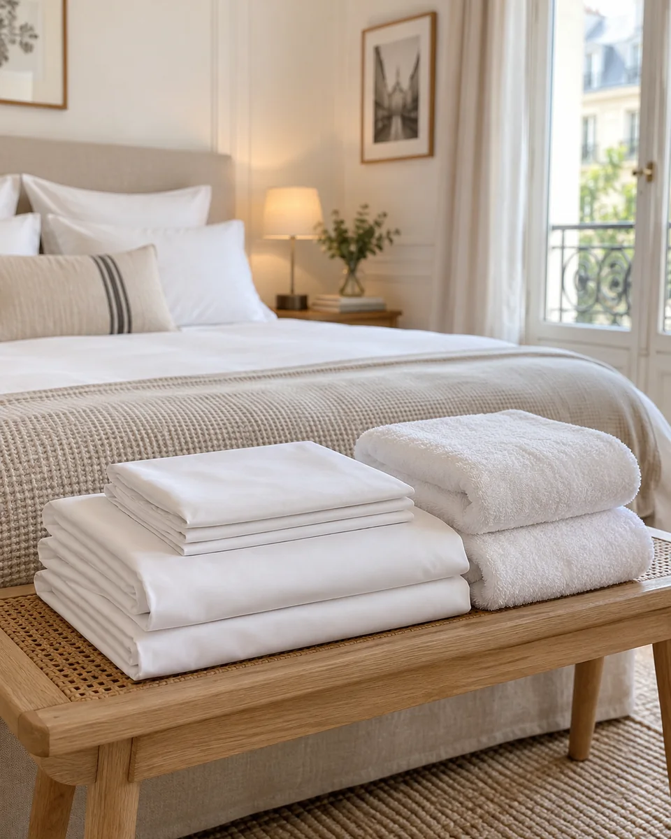 Draps, taies et serviettes propres dans un appartement de location, visuel d’illustration