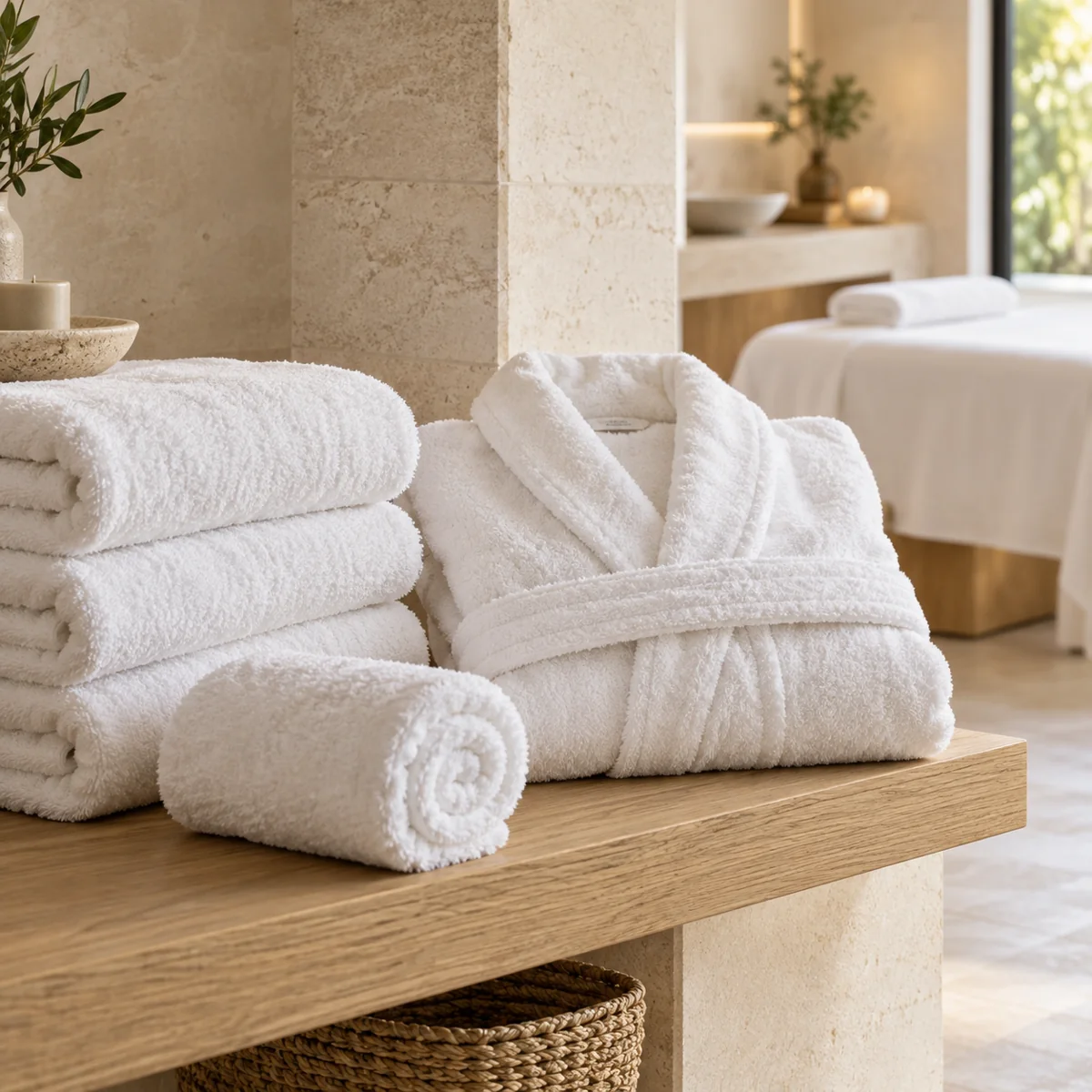 Serviettes et peignoir propres dans un spa, visuel d’illustration